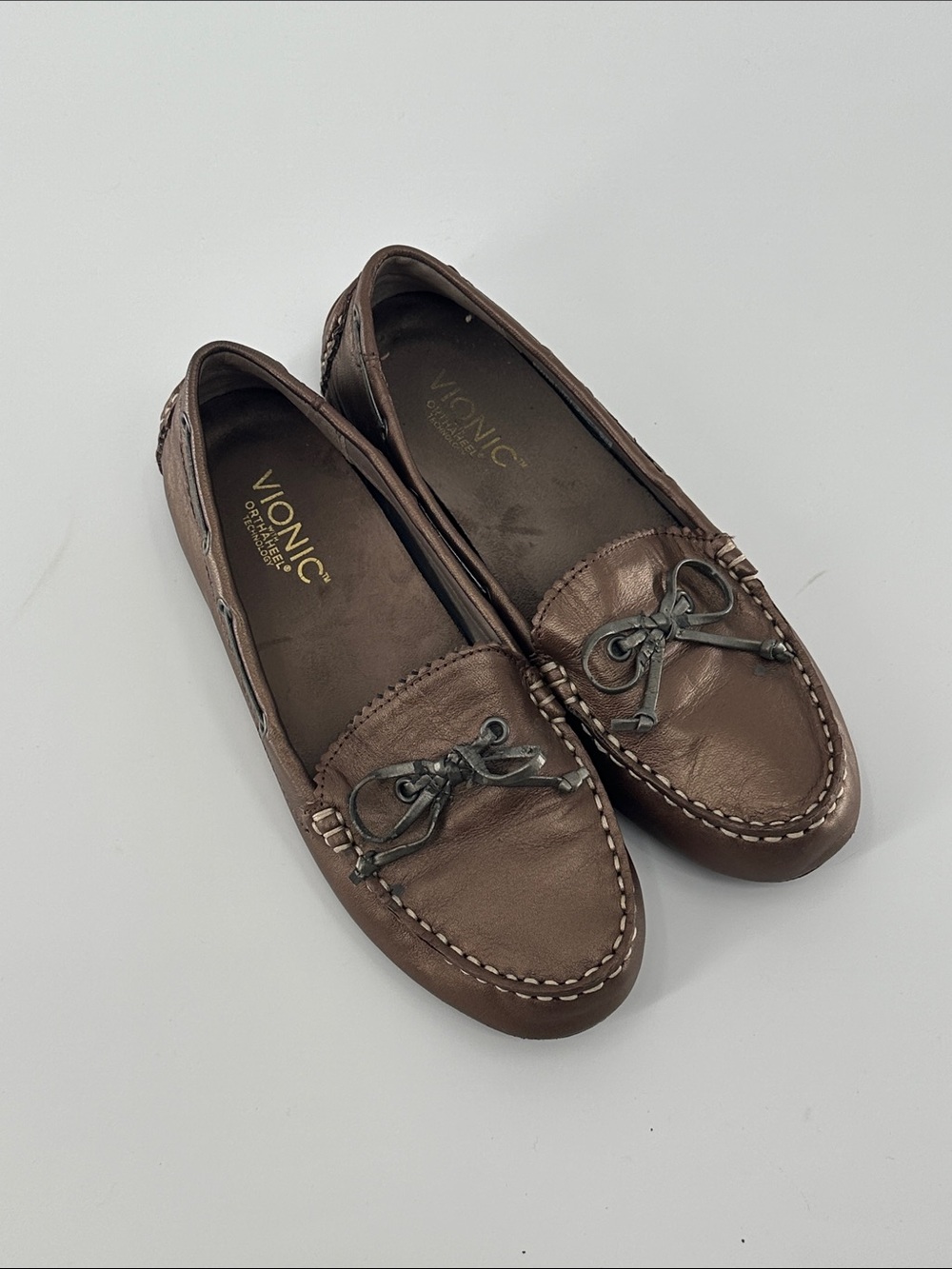Vionic Brown Leather Bow-Accent Slip-On Loafers